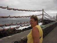 17 Orzola.jpg: Aan de noordkust van het eiland Lanzarote ligt het plaatsje Orzola. We zien hier de woeste kustlijn en Dicky die even aan de vis die daar te drogen hangt moest ruiken.